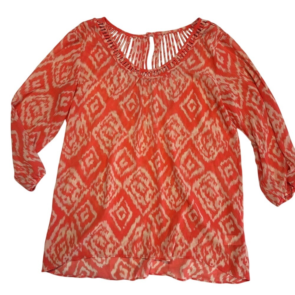 Studio Y‎ Ladder Cut Neckline Peach/Beige Design 3/4 Sleeve Tunic Top Shirt Sz M